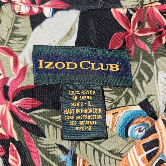 Izod Club Black Hawaiian Shirt L Aloha Car Print Retro 50s Style - Picture 8 of 8